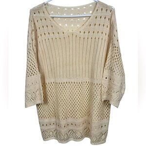 Knit lace cream crochet vneck summer sweater, L, long, Boho Hippie Beach Vibe